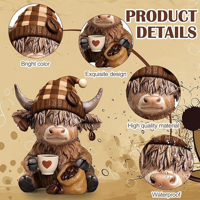 Wesiti 2 Pcs Coffee Highland Cow Figurines Decor, Coffee Cow Desk Decorations Gnomes Scottish Resin Statue Calf for Home Garden Kitchen Office Tiered Tray Table