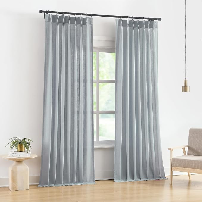 Vision Home Blue Fog Pinch Pleated Semi Sheer Curtains Textured Linen Blended Light Filtering Window Curtains 84 inch for Living Room Bedroom Pinch Pleat Drapes with Hooks 2 Panels 40" Wx84 L