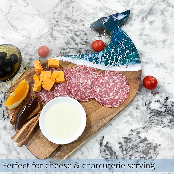 Whale Serving Board - Acacia Wood with Ocean-Inspired Epoxy (15" x 7.9"), Cute Charcuterie Cheese Tray, Unique Kitchen Décor, Cutting Board Gift for Women, Home or Party Use