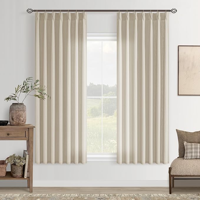 Light Filtering Dining Room Curtains 63 Inches Long 2 Panels Set for Small Window Boho Farmhouse Pinch Pleated Linen Short Semi Sheer Back Tab Pinch Pleat Living Bedroom Bay Windows Oatmeal Beige