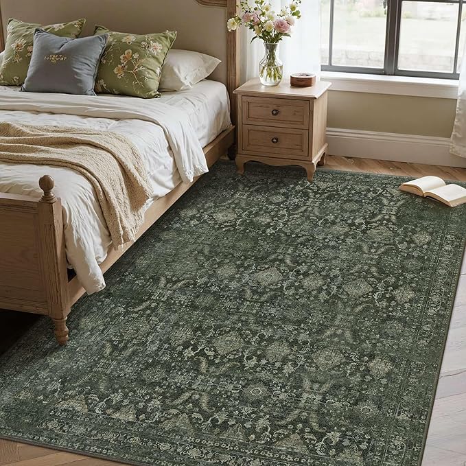 Rugxara 4x6 Rug for Living Room Bedroom, Green Washable Throw Rugs, Vintage Retro Boho Area Rugs, Non Slip & Low Pile Accent Throw Carpet for Indoor Dining Room, Kids Room and Office(Green 4x6ft)