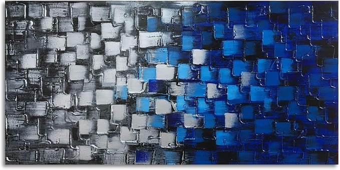 Textured Abstract Squares Canvas Wall Art Modern Dark Blue and Silver Oil Painting 100% Hand Painted 3D Effect Artwork Frame Ready to Hang Decor for Home and Office 40x20inch