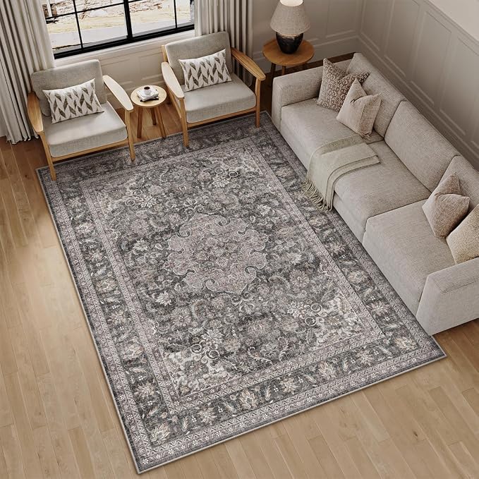 6x9 Washable Area Rug Black Grey Vintage Non Slip Soft Medium Pile Rug for Living Room Bedroom Dining Room Office Distressed Oriental Indoor Throw Carpet for Home Decor