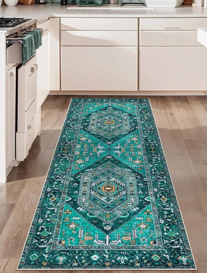SERISSA Boho Washable Runner Rug, 2x6 Rug Runner Non-Slip Vintage Teal Hallway Kitchen Runner Rug Ultra Soft Print Distressed Tribal Floor Carpet Runner for Bedroom Bathroom Laundry Living Room