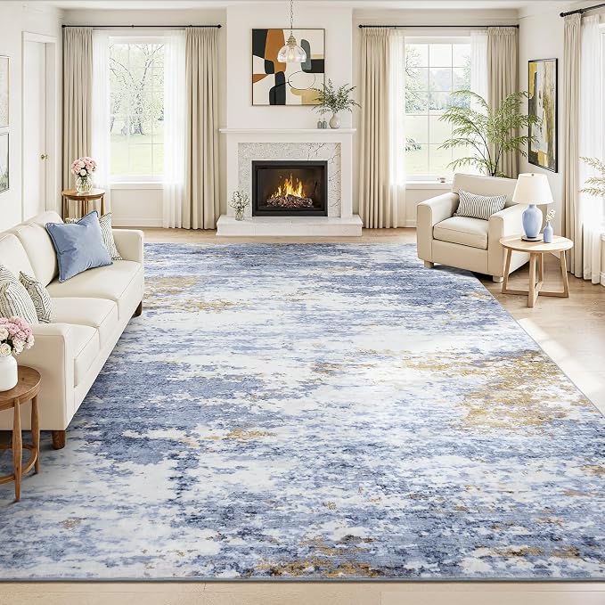 Lofus 8x10 Area Rug for Living Room, Abstract Large Rugs with Non-Slip Backing, Neutral Modern Washable Carpet for Bedroom Dining Room Home Office Nursery Indoor,Light Blue/Brown