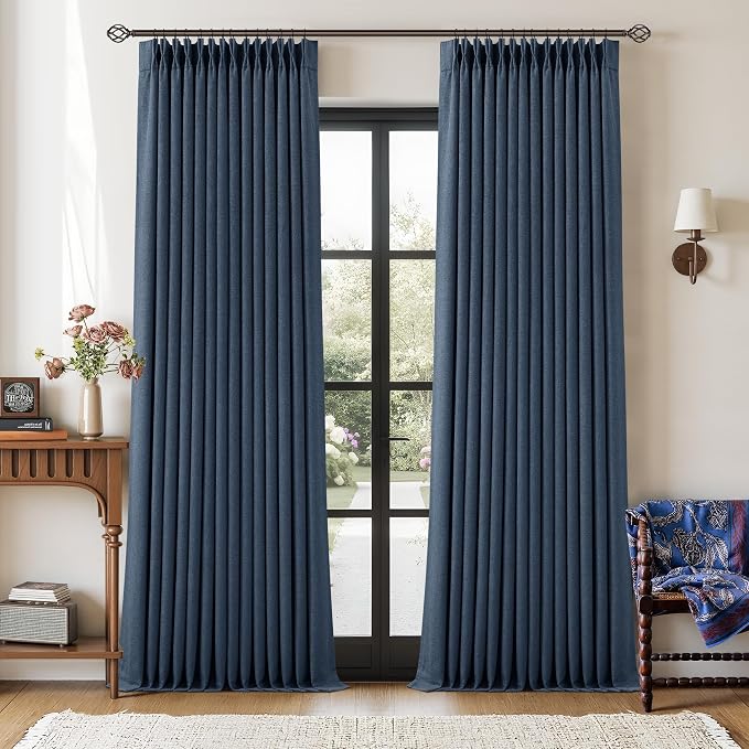 Navy Blue Pinch Pleated Full Blackout Curtains Linen Blend Room Darkening Window Curtains 86 Inch for Living Room Bedroom Thermal Insulated Back Tab Pinch Pleat Drapes with Hooks Rings 2 Panels