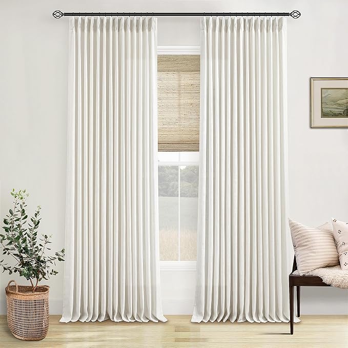 Extra Long Pinch Pleated 132 Inch Linen Curtains 2 Panels Set for High Ceiling Living Room Bedroom Memory Shaped Semi Sheer Pleat Drapes with Hooks Rings Light Filtering Natural Window Curtain 40x132