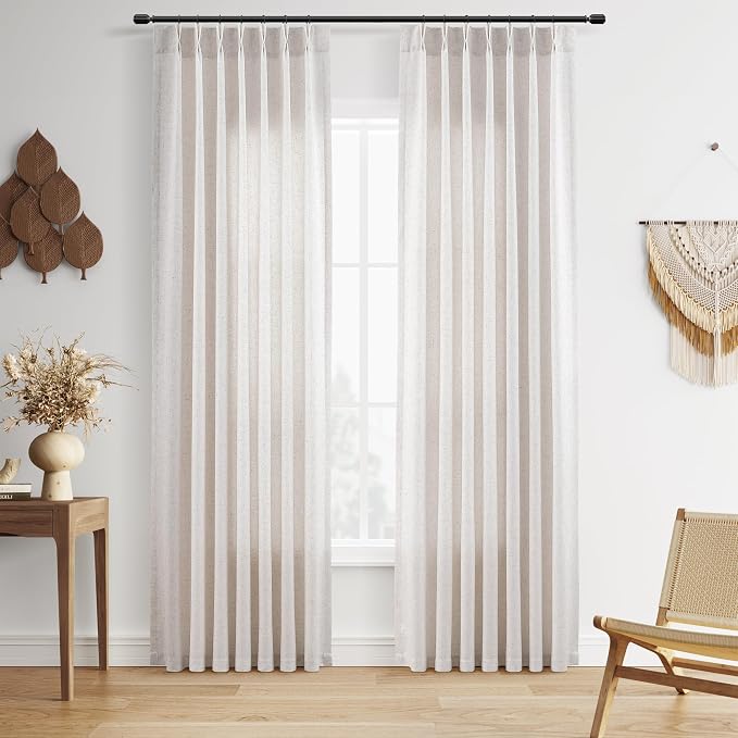 Guken Beige Boho Pinch Pleated Linen Curtains Farmhouse 84 Inches Long for Living Room 2 Panels Set Semi Sheer Light Filtering Pinch Pleat Hooks Rings Back Tab 84 Inch Curtain for Bedroom Nursery