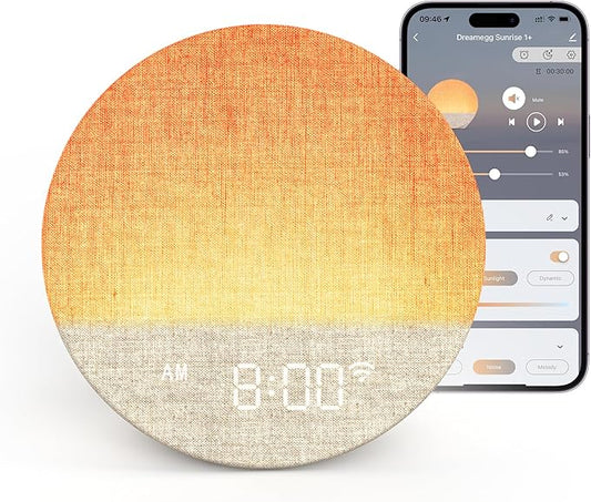 Dreamegg Sunrise 1+ Sound Machine, Sunrise Alarm Clock, Night Light, APP Control, Sleep Routines, Favorites Mode, 34 Soothing Sounds, White Noise Sound Machine, Wake Up Light for Bedrooms, Adults