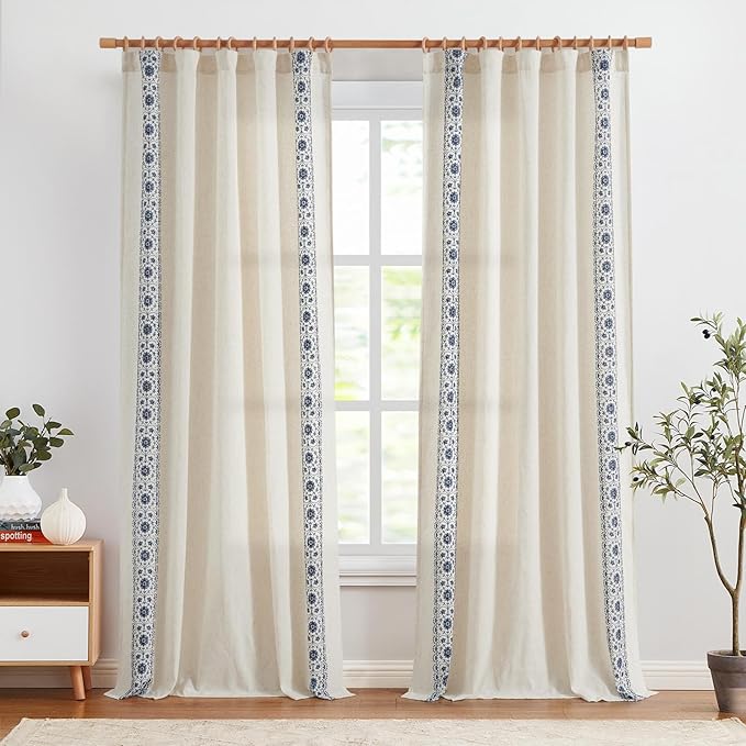 jinchan Weslie Boho Curtains for Bedroom Blue Vintage Floral Farmhouse Curtains 96 Inches Long Linen Drapes for Living Room Embroidered Light Filtering Drapes Rod Pocket Blue on Beige 2 Panels
