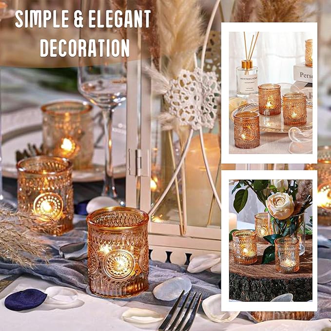24 Pcs Amber Glass Votive Candle Holders, Tealight Candle Holders for Table Centerpieces, Vintage Candle Holder Bulk, Boho Wedding, Home, Bridal Shower, Birthday Party Table Decor (Amber)