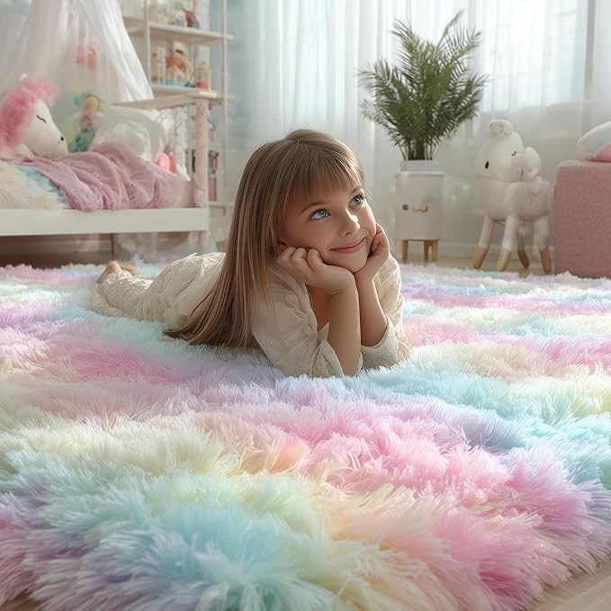 PAGISOFE Rainbow Rugs 6x9, Large Fluffy Soft Carpet,Plush Shaggy Rugs for Bedroom Girls,Kids Rooms,Fuzzy Nursery Rug for Baby's Toddler's Room, Clorful Rooms Decor for Teenage Pastel Kawaii Princess
