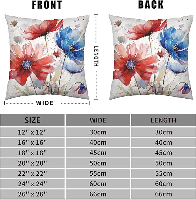 Watercolor Flower Outdoor Throw Pillow Covers 18x18 Set of 2 Red Blue Floral Pillow Covers Daisy Linen Square Farmhouse Pillowcase for Home Decor Couch Patio