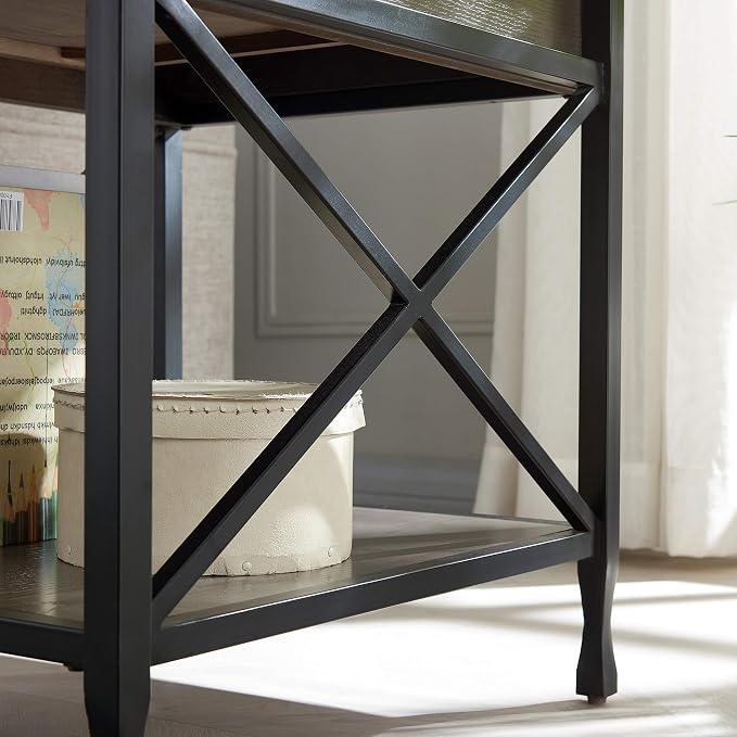 Leick Home 23007 Chisel & Forge One Drawer X Design Mixed Metal and Wood Side Table with Shelf, Smoke Gray and Matte Black, 22 in x 24 in x 24 in