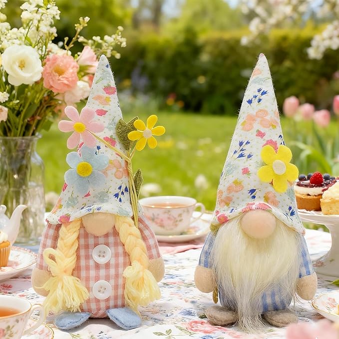 Eimilaly Florals Gnomes Spring Gnome for Home Decorations, Tomte Gnomes Set Ornaments for Garden or Rustic Theme Party Gnome Decor - 2PCS