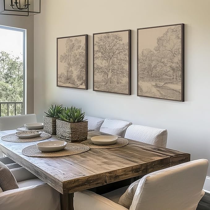 Framed Vintage Tree Sketch Set of 3 Wall Art for Bedroom, Neutral Landscape Antique Brown Canvas Artwork for Walls, Wabi Sabi Forest Rustic Wall Decor for Living Room Hallway Office Kitchen, 16x24 In
