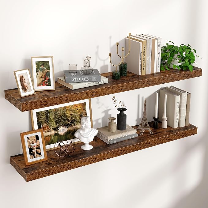 Floating Shelves for Wall 48 inch Long, Engineered Wood Wall Shelves with Invisible Brackets for Living Room Bedroom Bathroom Office Kitchen Decor and Storage, Rustic Brown Finish, Set of 2