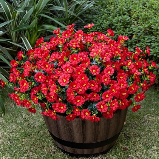 Nigirior Artificial Faux Flowers for Outdoor 16 Bundles Boxwood Fake Morning Glory for Planter,UV Resistant Fake Flowers for Home Porch Patio Outside（Red）