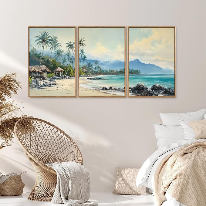 Rantodecor Tropical Coastal Framed Canvas Wall Art, Beach Landscape Posters Wall Decor, Island Palm Trees Beach House Art Paintings, Seascape Mountains Artwork for Bedroom Living Room Office 24"x36"x3