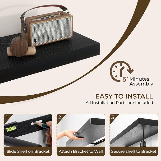 RICHFOCUS 72Inch Floating Shelves for Wall 1 Pack Shelves for Bedroom|Kitchen|Bathroom Wall Mounted Rustic Wood Floating Shelf with Invisible Brackets for Books|Storage|Decor, Black