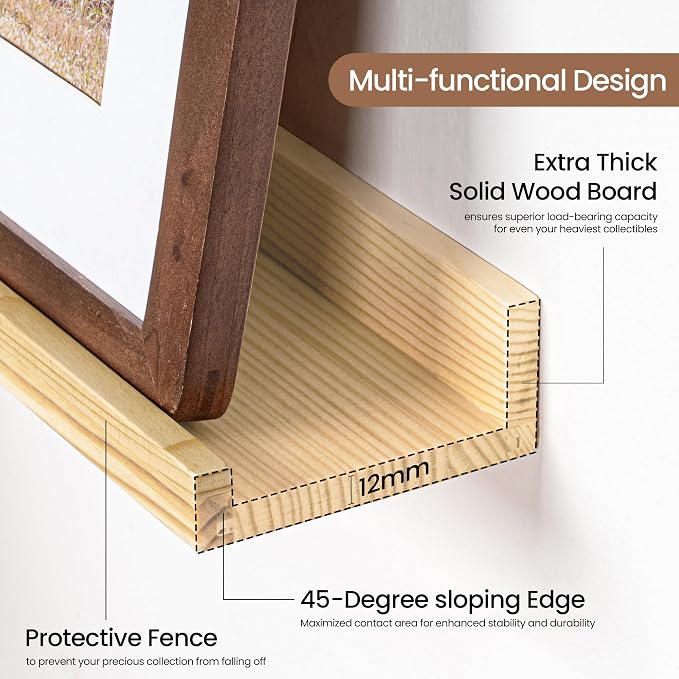 Picture Ledge Shelf, Solid Pine Wood Floating Shelves Set of 2, 48 Inches Nursery Book Shelves for Toys Storage, Kids Bookshelf Wall Mounted for Living Room Decor Photo Frames, Unfinished Natural