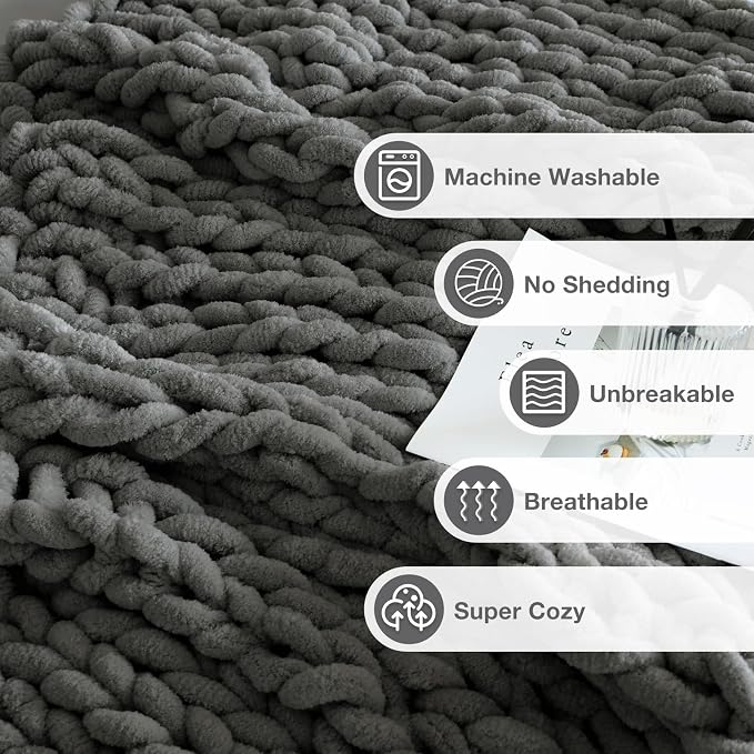 Soft Chunky Knit Blanket, 40X50 in Handmade Thick Chenille Yarn Throw Without Shedding & Raveling, Aesthetic & Cozy Home Decor with Couch Sofa Bed, Gift Pack, Dark Grey