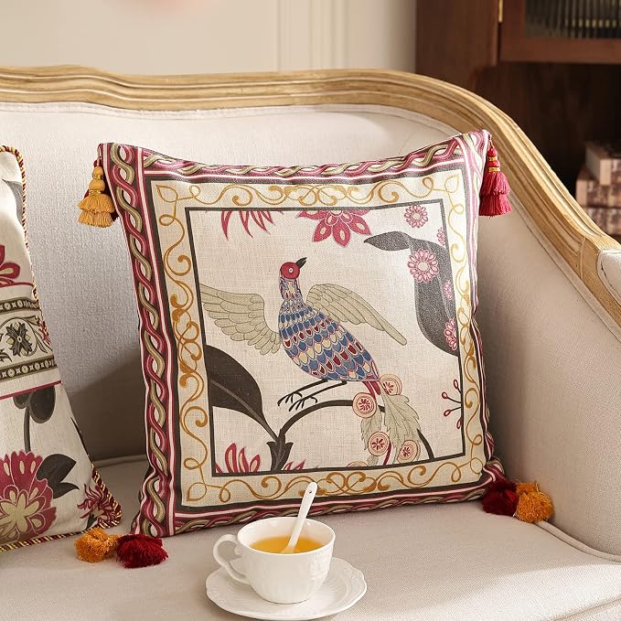 patdrea Designer Vintage Linen Throw Pillow Cover,18"x18"-Schumacher C | Elegant Decorative Pillow Case,Bird Pattern with Tassel Pendant,Cushion Coverfor Couch Living Room Bedroom Sofa