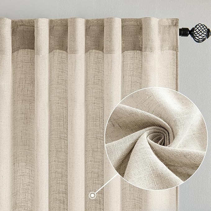 MIULEE Beige Linen Curtains 96 Inches Long 2 Panels for Bedroom Living Room, Soft Linen Textured Window Drapes Semi Sheer Light Filtering Back Tab Rod Pocket Farmhouse Modern Burlap Look Decor