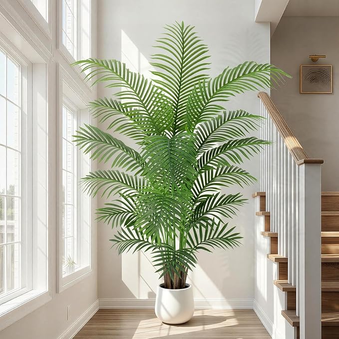 6ft Artificial Palm Tree Tall Faux Palm Tree Indoor Large Fake Plants with 18 Trunks Artificial Plants with White Pot Lifelike Leaves for Home Office Decor Living Rooms Bedrooms