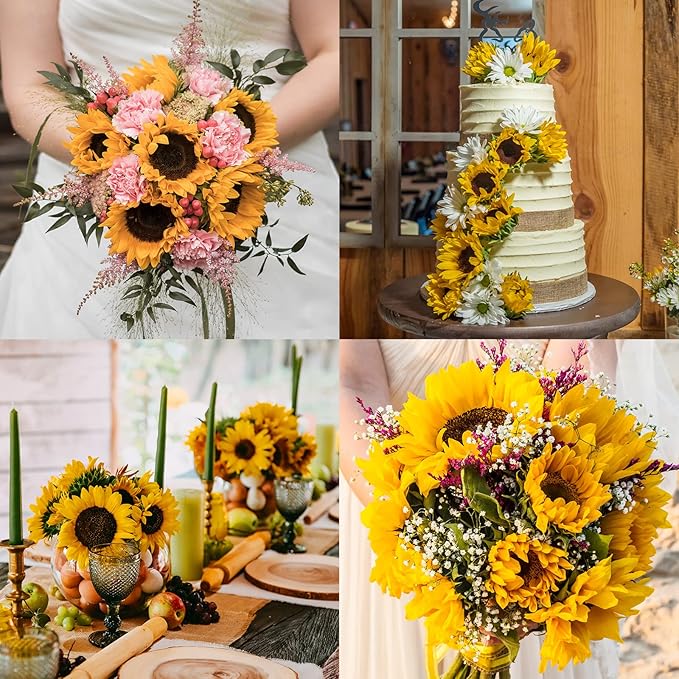 CEWOR 10pcs Sunflowers Artificial Flowers with Long Stem Fake Sunflowers Bulk Fall Decoration for Wedding Home Birthday Party Outdoor Indoor Decor