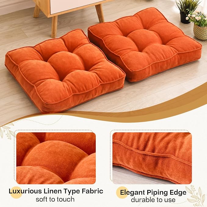 1 MIDDLE ONE Floor Pillow Set of 2, Memory Foam Floor Cushions for Adults, Large Meditation Pillow for Sitting, 22 x 22 Inches (Square | Orange)