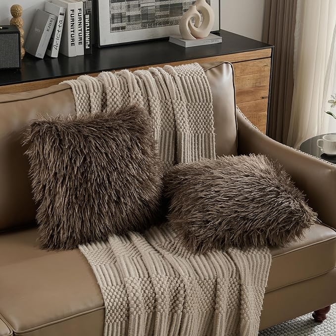 FUTEI Pack of 2 Shaggy Mongolian Faux Wool Throw Pillow Covers 18x18 Inch Soft Decorative Cushion Case for Couch Bed Living Room, Dark Coffee