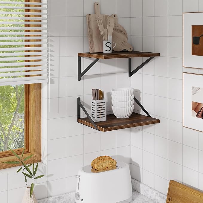 Acovy Deep Floating Shelves,16" Wx10 D Floating Shelves for Wall Set of 2,Heavy Duty Wood Floating Shelf with Metal Bracket,Wall Mounted Hanging Shelf for Living Room Bedroom Bathroom Kitchen,Walnut
