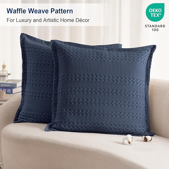 PHF 100% Cotton Ruffle Waffle Weave Euro Sham Covers, 2 Pack 26" x 26" Bed Pillow Covers for Elegant Home Decor, No Filling, Luxury Aesthetic Euro Pillow Cases for Bed, Indigo