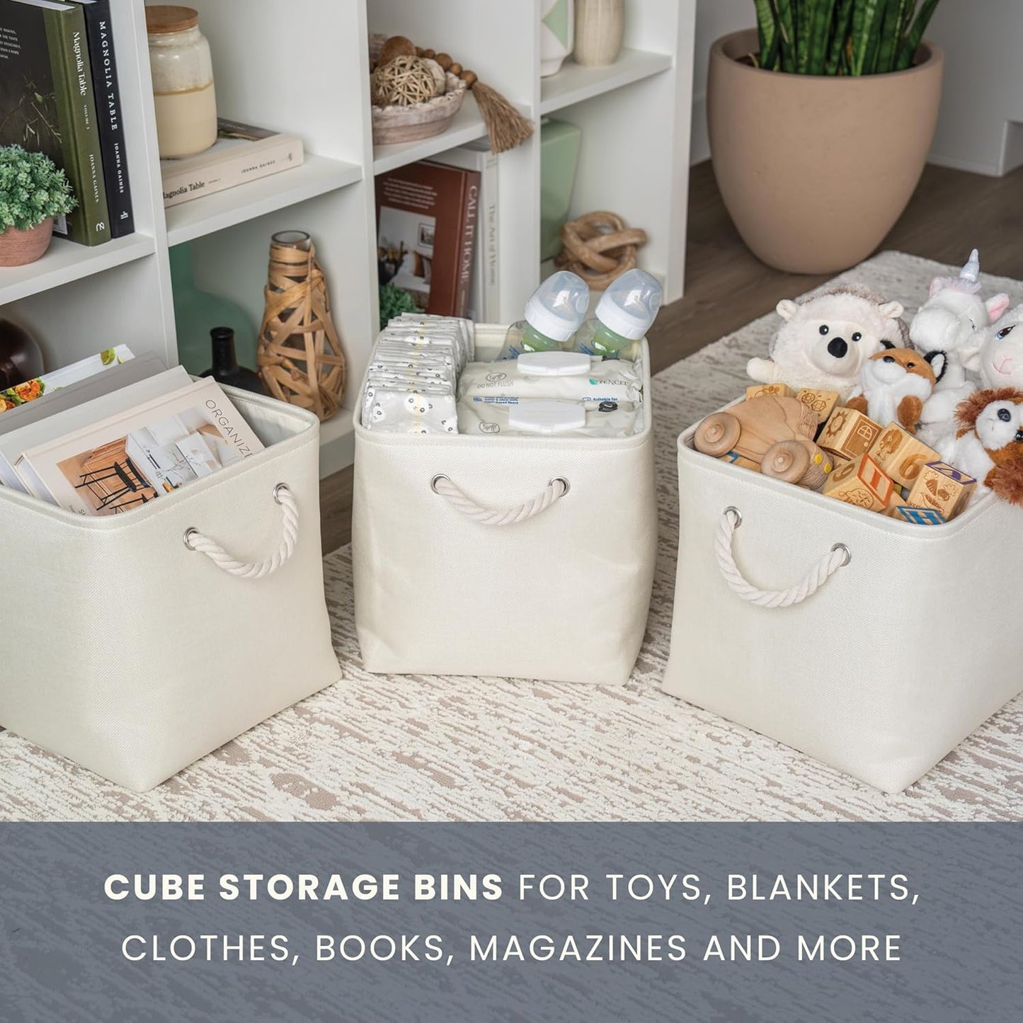 OrganiHaus 11x11 Cube Storage Bins 4 Pack, Foldable Cube Storage Organizer w/ Rope Handles, Collapsible Fabric Bins for Toys, Clothes & Closet Organization, Fabric Square Baskets - Off-White