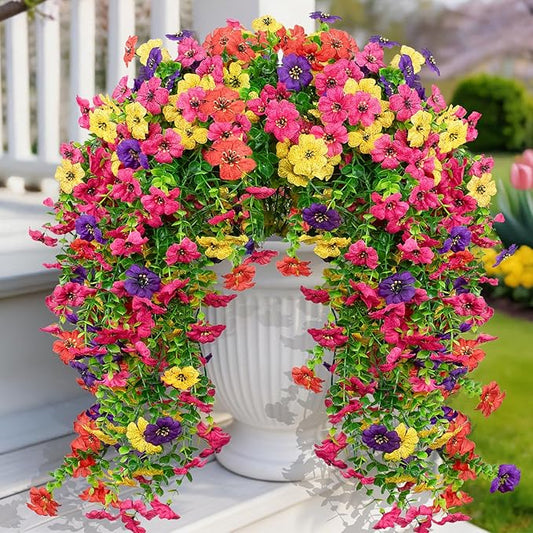 LikSoor 4 Pcs Artificial Outdoor Hanging Plants Spring Summer Decoration UV Resistant Faux Silk Flowers for Outside, Garden, Porch, Window, Home Decor (4 Color)
