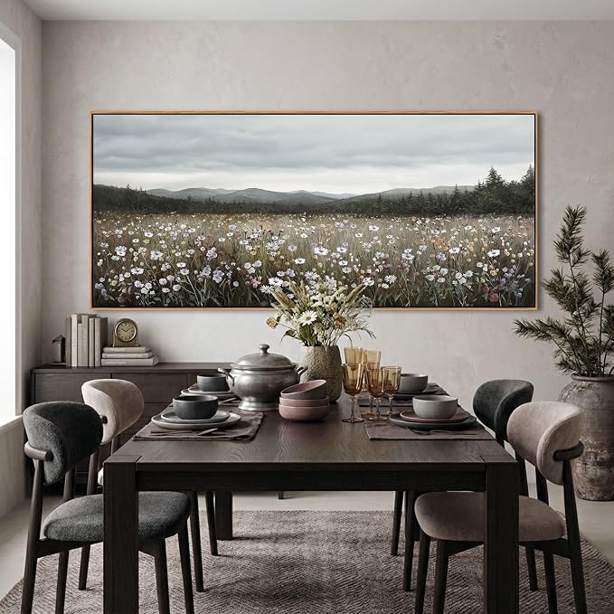 HGUAOA Vintage Landscape Wall Art for Bedroom and Living Room - Large Floral Artworks Farmhouse Wall Decor - Framed Neutral Nature Pictures - Above Bed Wall Decor with Mountain Scenery
