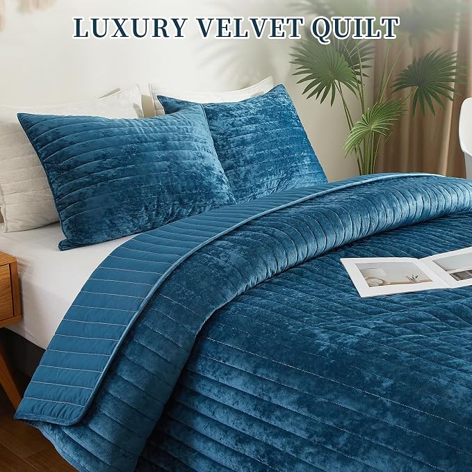 Luxury Soft Velvet Quilt Set Queen Size - Lightweight Velvet Bedding Set for All Season, Oversized Bedspread Coverlet Comforter Set with 2 Pillow Shams, Blue, Striped