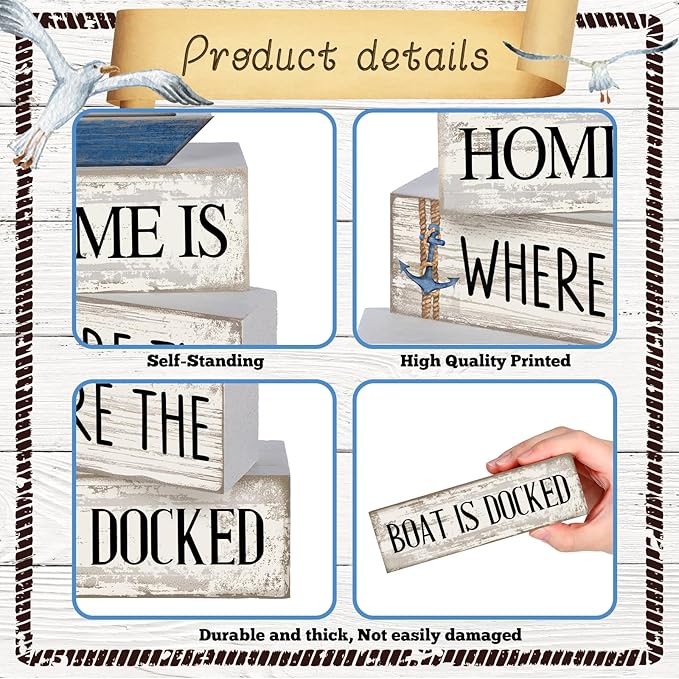 Conelist 4 Pcs Nautical Wooden Table Decor Farmhouse Sailboat Centerpieces Vintage Tiered Tray Decoration Home is Where The Boat is Docked Block Sign for Home Living Room Bedroom Office Decor