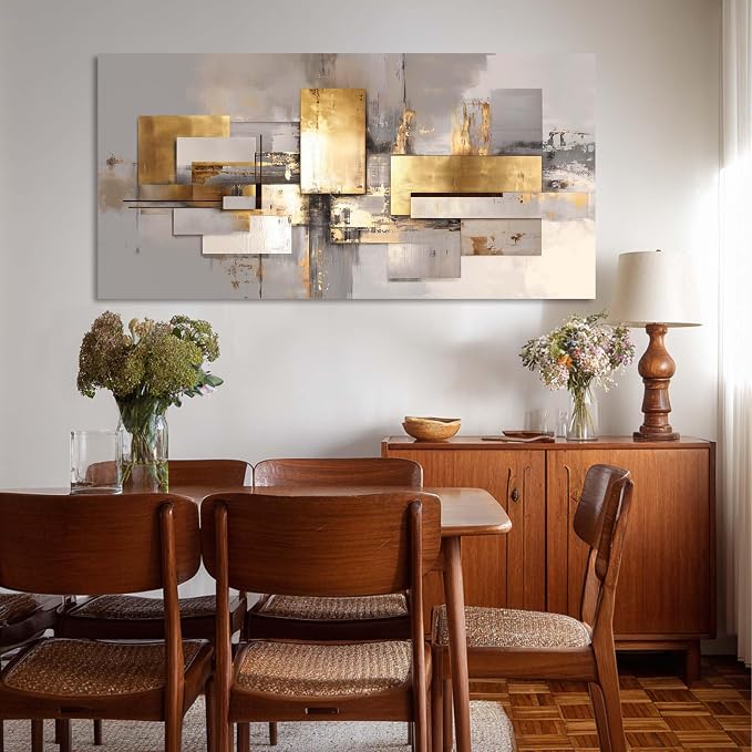 Ggaafet Gold Abstract Wall Art for Bedroom Canvas Painting Prints Golden Rectangle Art Deco Modern Artwork Office Family Room Decor