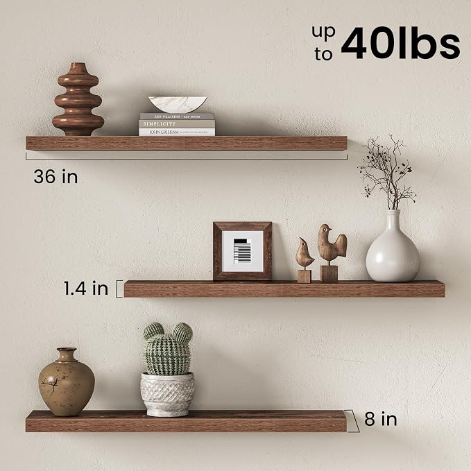 Fun Memories 36Inch Floating Shelves for Wall, 8 Inch Deep Shelves for Bathroom|Bedroom|Kitchen, Large Wall Mounted Wood Hanging Shelf with Invisible Brackets for Home Storage Decor, Brown - 3 Pack