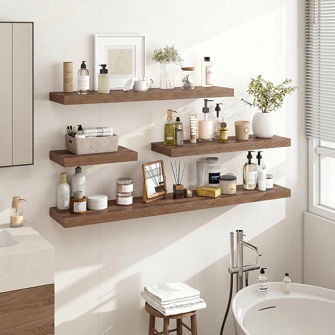 Acovy 36 Inch Floating Shelves, 36"x9.25"x1.5" Inch Deep Floating Shelves for Wall, Wooden Shelves for Bathroom, Bedroom, Living Room, Walnut, 2 Pieces