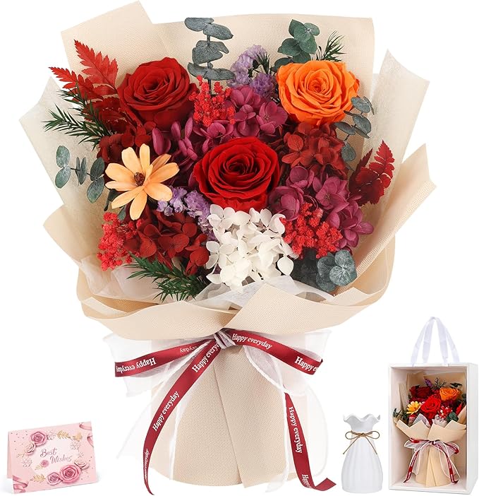 Flowers for Delivery Prime Preserved Flower Bouquet That Last 3-5 Years Real Forever Rose Bouquet for Her Women Wife Grandma Girlfriend Anniversary Birthday Mothers Day Gifts for Mom,Red