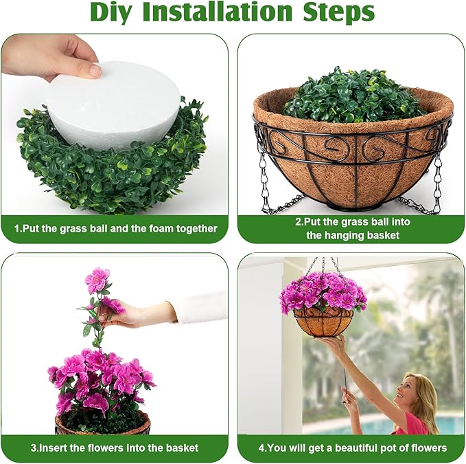 Ouddy Decor Artificial Hanging Flowers with Basket, Silk Azalea Flowers in Coconut Basket, Fake Hanging Plants Artificial Decor for Outdoor Indoor Yard Garden Patio Home Room Porch Decor (Fuchsia)