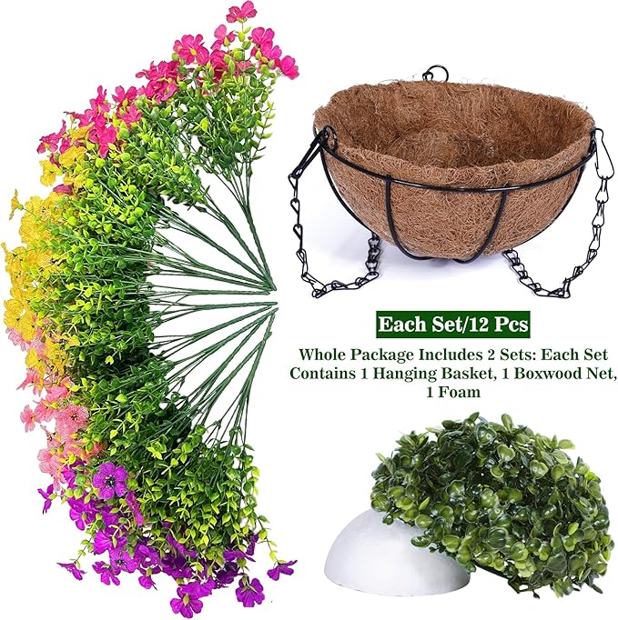2 Sets Artificial Hanging Plants Flowers Basket Outdoor, Fake Hanging Plants Set of 2 Includes 24 Pcs Flowers for Porch, Patio, Garden, Home Decor in Spring Summer (Red, Purple, Yellow, Rose Red)