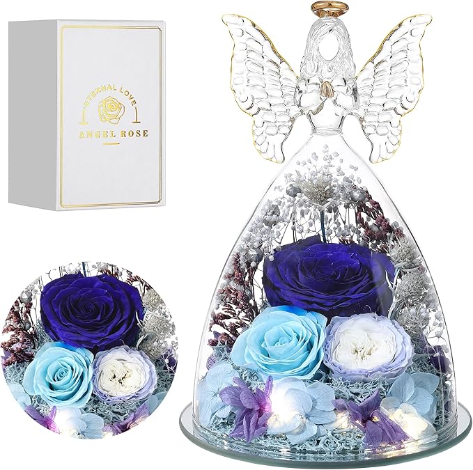 Mothers Day Rose Gifts for Women Preserved Real Flower in Glass Angel Figurines Roses for Delivery Prime Birthday Gifts for Mom Grandma Girlfriend Wife Her,Blue Austin Roses