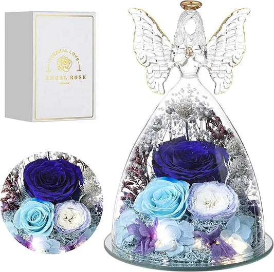 Mothers Day Rose Gifts for Women Preserved Real Flower in Glass Angel Figurines Roses for Delivery Prime Birthday Gifts for Mom Grandma Girlfriend Wife Her,Blue Austin Roses