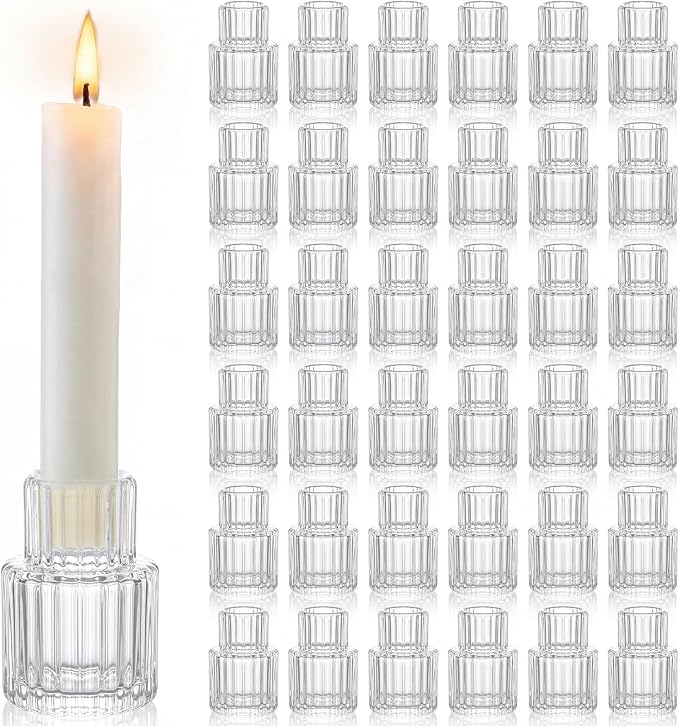 Mumufy 36 Pcs Vertical Stripe Glass Candlestick Holders Clear Small Tapered Candle Holder Bulk for Dining Table Centerpiece Wedding Party Decoration Home Gifts