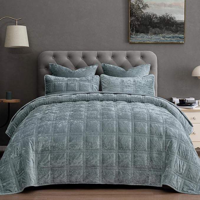 PHF Ultra Soft Velvet Quilt Set Twin Size – 2PCS Luxurious Cozy Quilted Comforter Alternative with Diamond Pattern, Warm Quilted Bedspread Coverlet, 68" x 92", Dusty Blue