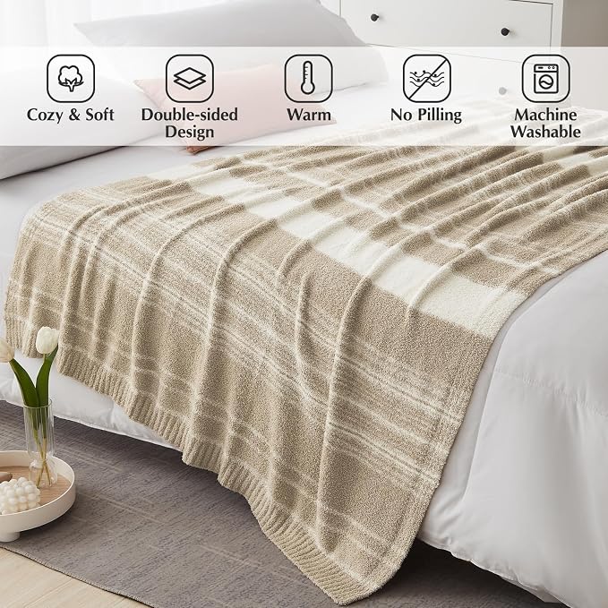 WRENSONGE Soft Throw Blanket for Couch-Cozy Reversible Knitted Blankets | Lightweight Warm Fluffy Decor for Women, Mom, Her & Girls, Sofa, Chair, Bed, 50x70in,Khaki Stripe